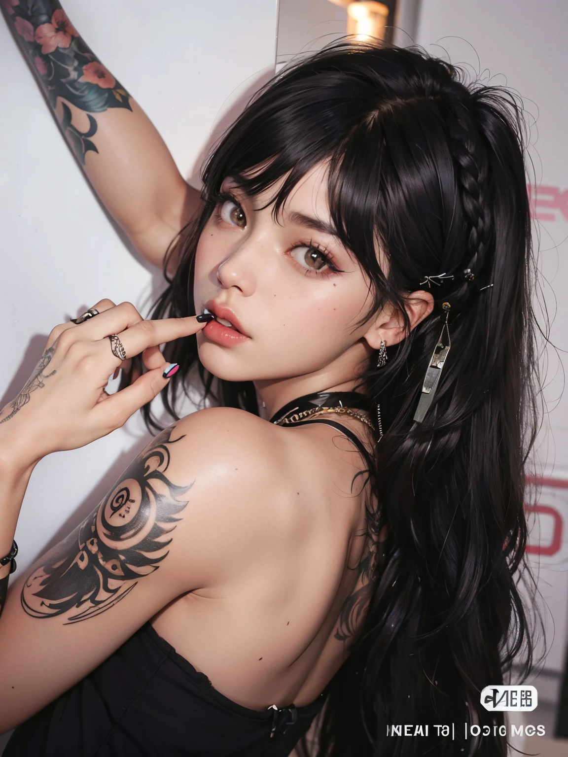 there a woman with a tattoo on her arm posing for a photo, de chica taiwanesa con tatuajes, Ella tiene el pelo negro con flequillo, Parece una mezcla de Grimes, cabello blackbangs cabello, goth girl aesthetic, flequillo negro, con cabello largo y ojos penetrantes, Charli XCX, Sui Ishida con cabello negro, Retrato de Jossi de Blackpink