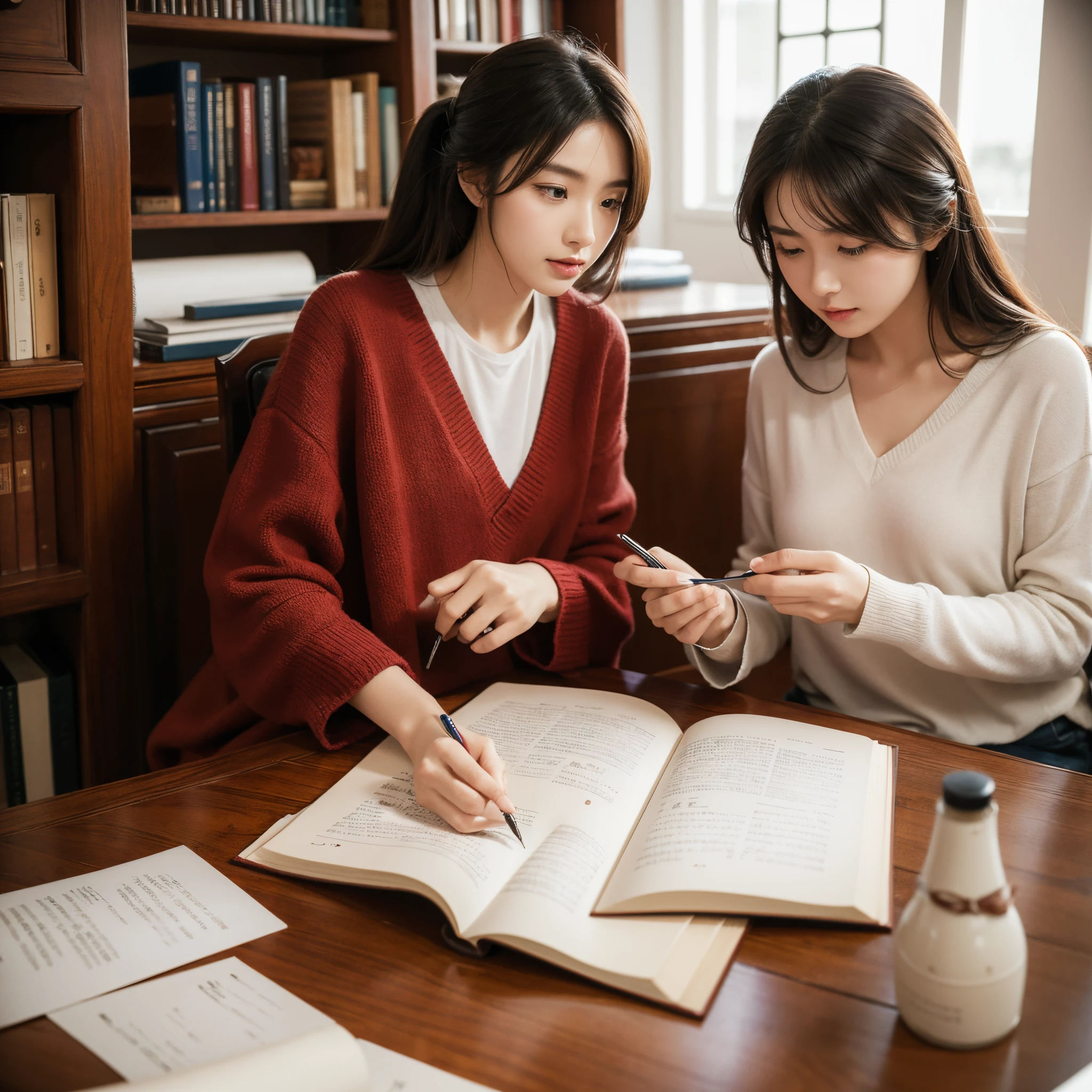 There  a calligrapher sitting in the study, （femele），Focused, Hold book in right hand，Reading, There  a pen on the table, ink, china idol