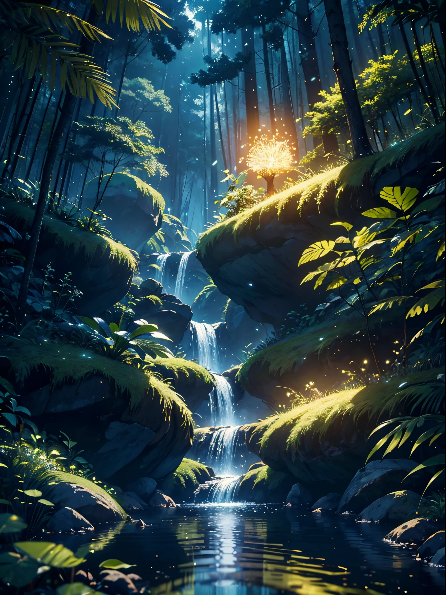 master part, best quality, (muito detalhado CG unidade 8k wallpapers), (best quality), (better illustrations), (Melhores Sombras), tema floresta com elementos naturais. Tall trees, quiet streams, cogumelos pequenos brilhantes, cercado por folhas e galhos delicados, with fireflies and glowing particle effects,, (elementos naturais), (tema selva), (Folhas), (Ramos), ( Pirilampos), Borboletas, (folhas delicadas), (brilhar), (particle effects). , 3d isometric, octane rendering, ray tracing, super detalhado