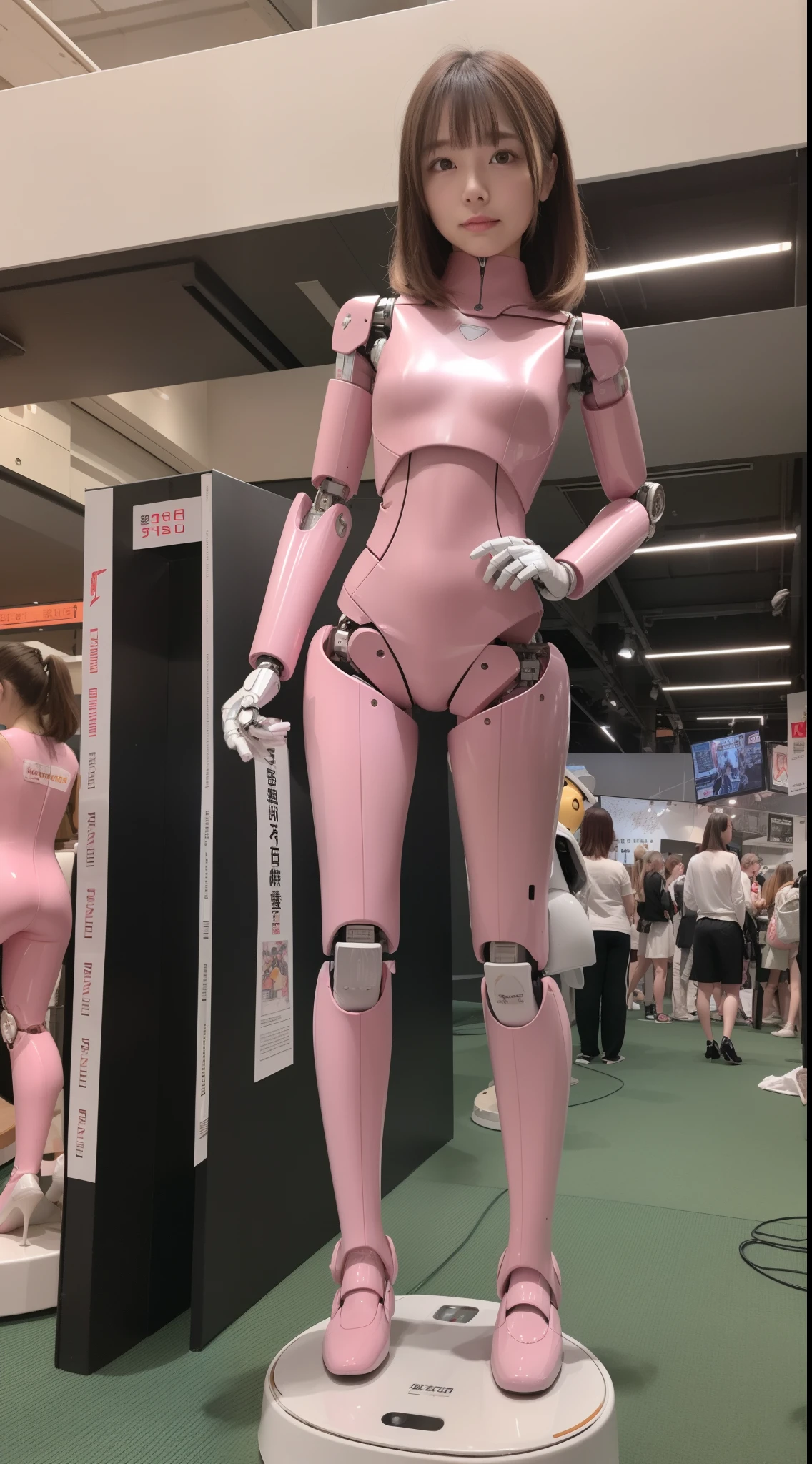 Robot Girl, pink there, Silver, Metallic body, Robot Parts, Metal Parts, Super Detailed Face, Super well-formed face, of the highest quality, a small face, a small head, Brown hair, Slender body, Camera gaze, Internal Mechanical Exposure, Idol, front facing, Well-proportioned body, sale, Exhibited, Event Hall, Moe Pose, Standing with legs open, Model body type, sad, Embarrassing,(Perfect Robot Girl),(Perfect machine body)