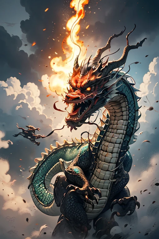 masterpiece, 
best quality, ultra-detailed, photorealistic, extremely delicate, 
(Chinese Dragon:1.2), long body, flying, 
roaring, breathing flames, 
dynamic angle, intense angle, cinematic lighting,