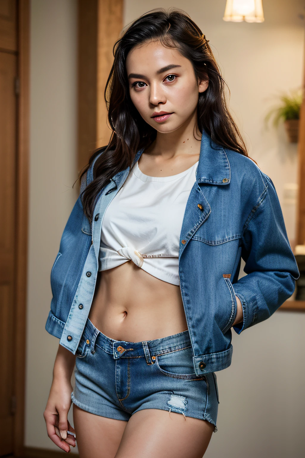 Petite asian girl of 20 years, Eileen Jengdairak, skinny, small chest, small breast, thin legs, thigh gaps: 1.5, very slim waist, beautiful small hips and flat tummy, beautiful abs, muscular thin body, long black hair, two braided tails, dark brown eyes, dark skin (torn shorts, nice white blouse and torn blue denim jacket), posing for picture, masterpiece, highest quality, raw photo, photorealistic, face light, film grain, chromatic aberration, absurdity, high resolution, ultra detail, detail, detailed eyes and face, sharp pupils, realistic pupils, sharp focus, indoors