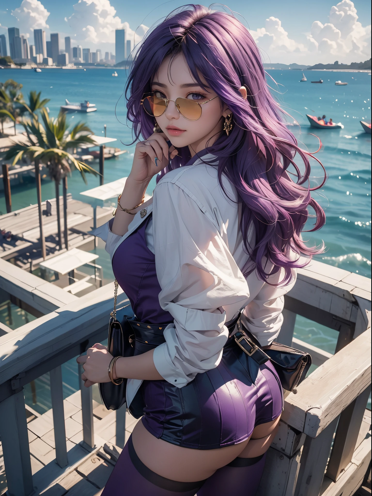 master part, best quality,Cfc, 1girl, franja, somente_Ombros, saia, seios, Luvas, jewelries, grande_seios, Longas_Hair, Longas_Mangas, knee tights, Purple_olho, Purple_Hair, camisa, sozinho,visualizador,sun glasses,sbikini, big booty, sol, Cloud,renaissance city around water,ao ar livre :1.1),renderizado no liquidificador((isometric)),