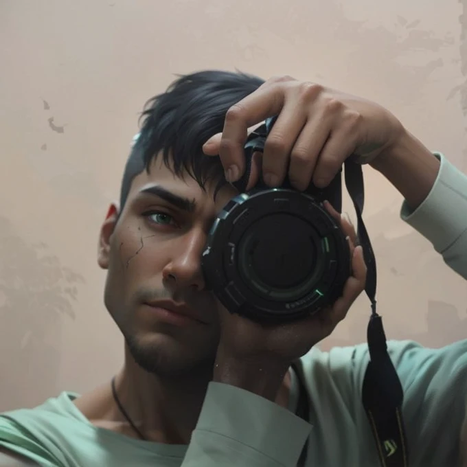 A handsome cyberpunk boy with green gl0w1ngR
