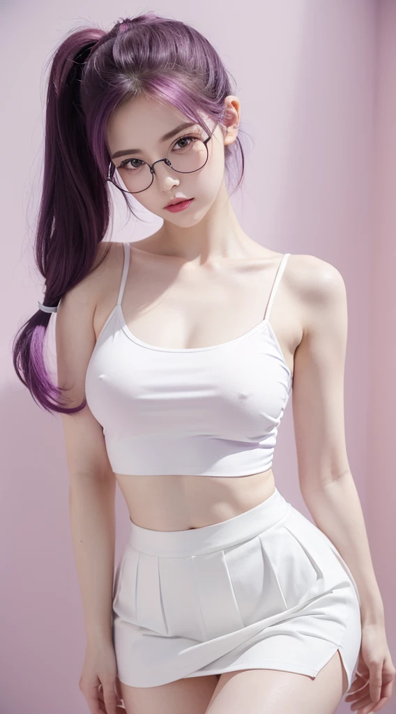 A beautiful woman standing, wearing ((glasses, white shirt, skirt)), pale skin, smooth pale skin, skin tune pink, perfect body, detailed body,((round big breast, small titts, big hips)), cute face, purple hair, pigtail hair, super detailed, 8k