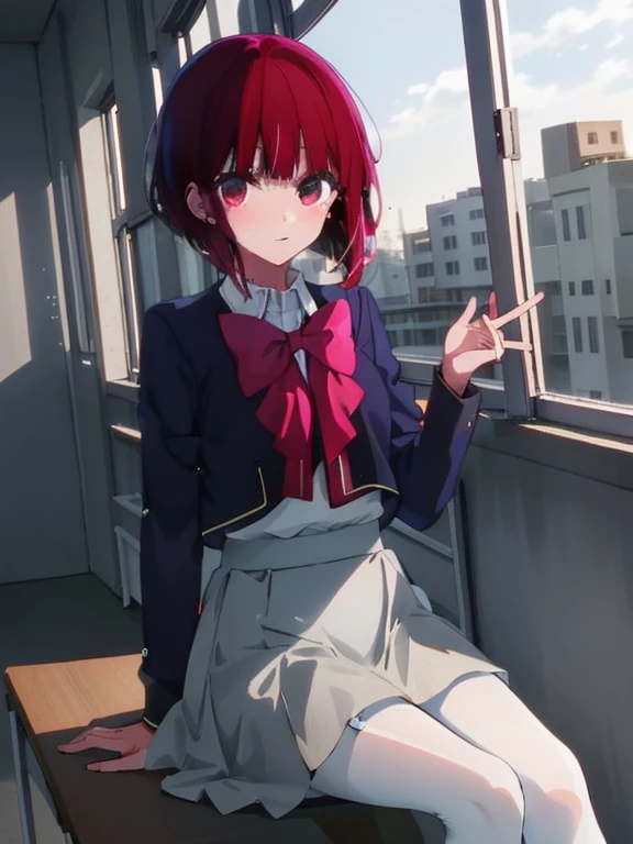 ​masterpiece, hightquality, 8K, beautiful  lighting, Arima, pink bowtie, student clothes, Blue jacket,  grey skirt, 1girl in, 独奏, white  shirt, black pantyhose king， sitting on, ‎Classroom,View from the front,cowboy  shot