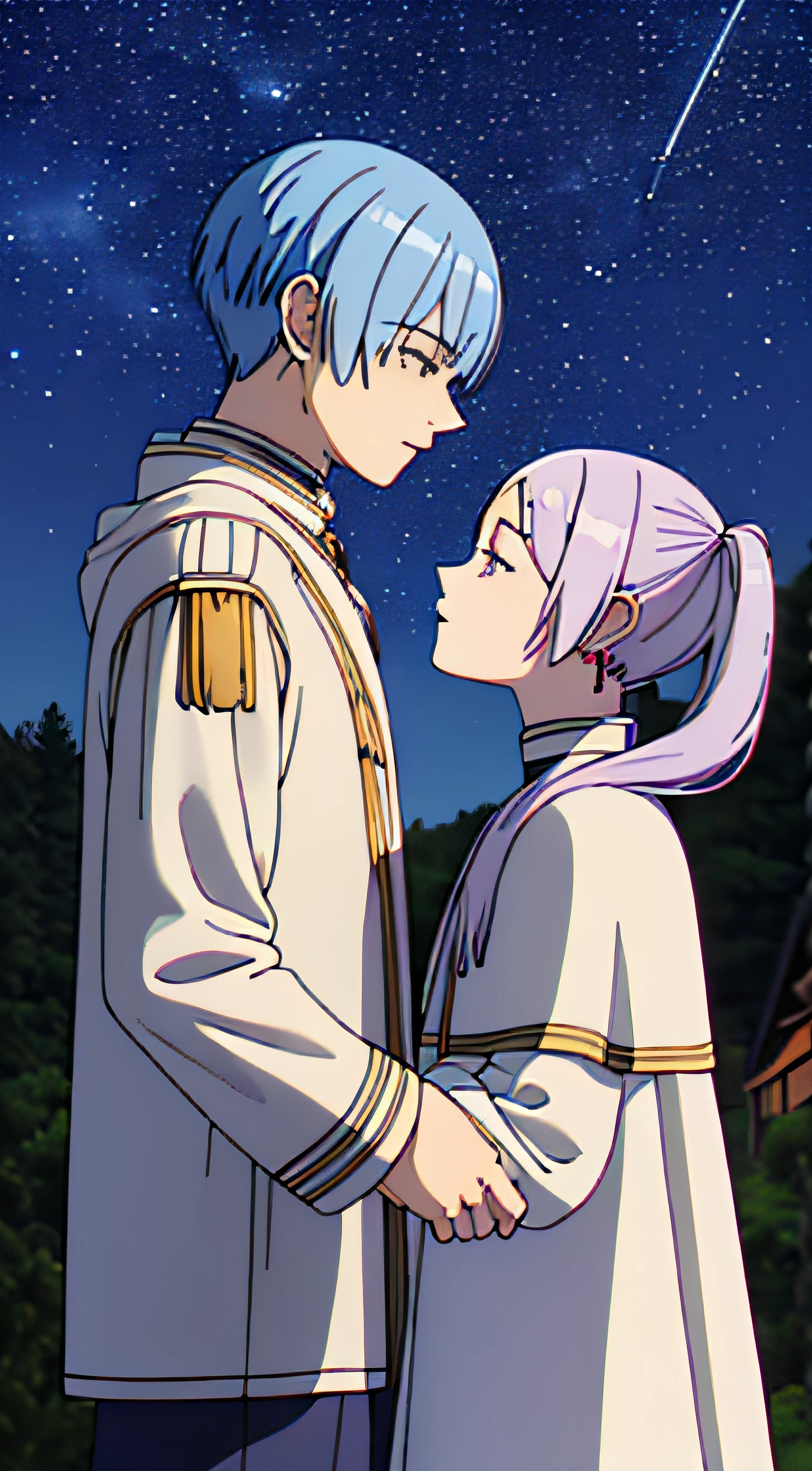 ((frieren)) and ((Himmel)) hugging, about to kiss, in front of a lake, nighttime, meteor shower, (Masterpiece, Best Quality, HDR, Highres:1.4), (Himmel has bowl cut, blue hair, white cape, blue jacket), (frieren has twintails, purple hair, striped shirt, long sleeves, red earrings, white capelet, elven pointy ears).