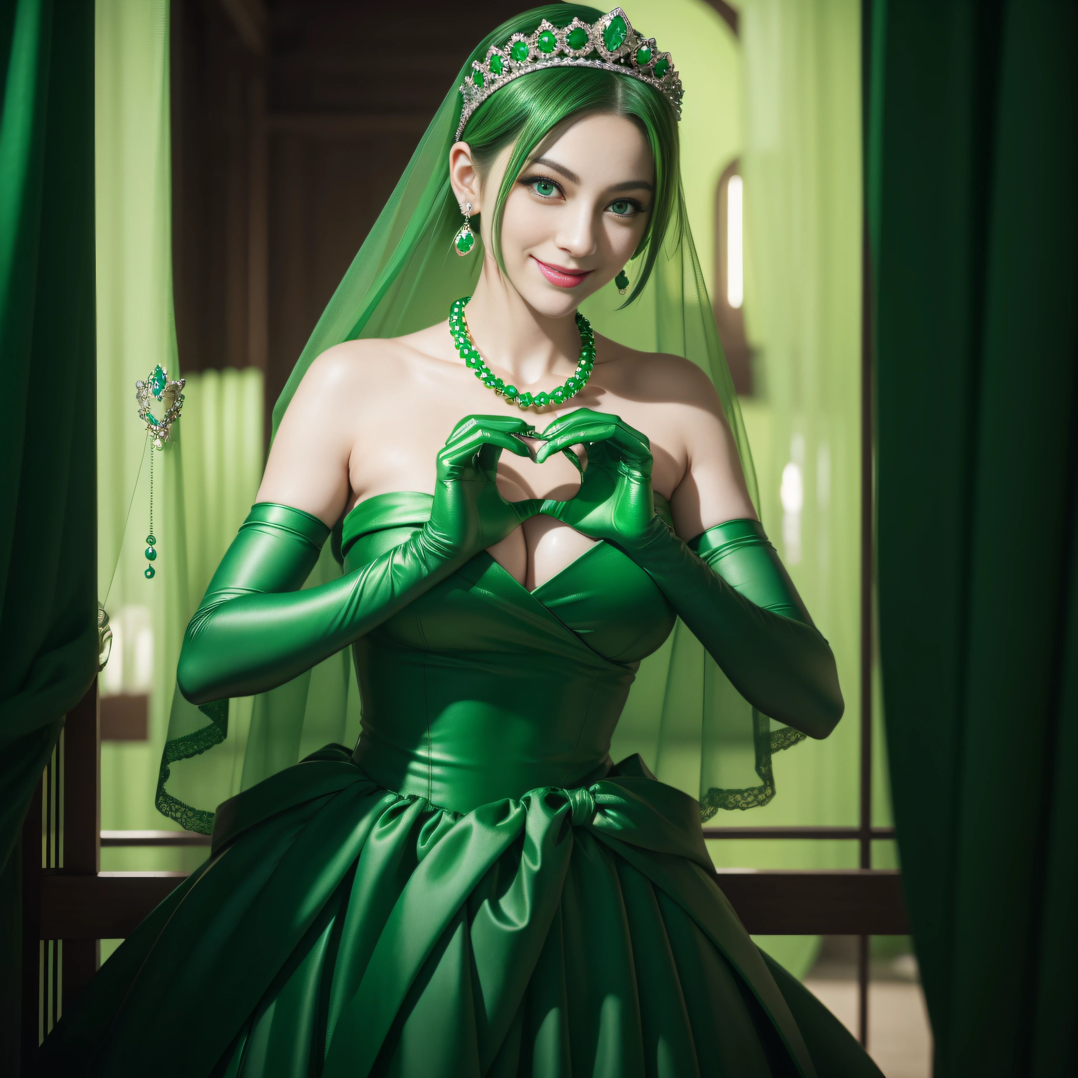 emerald tiara, Green Pearl Necklace, Boyish very short green hair, lipsticks, Japan woman smiling, very short short hair, beautiful, Green eyes, Long green gloves made of satin material, Green eyes, Emerald Earrings, green vale, Heart with both hands, Green hair