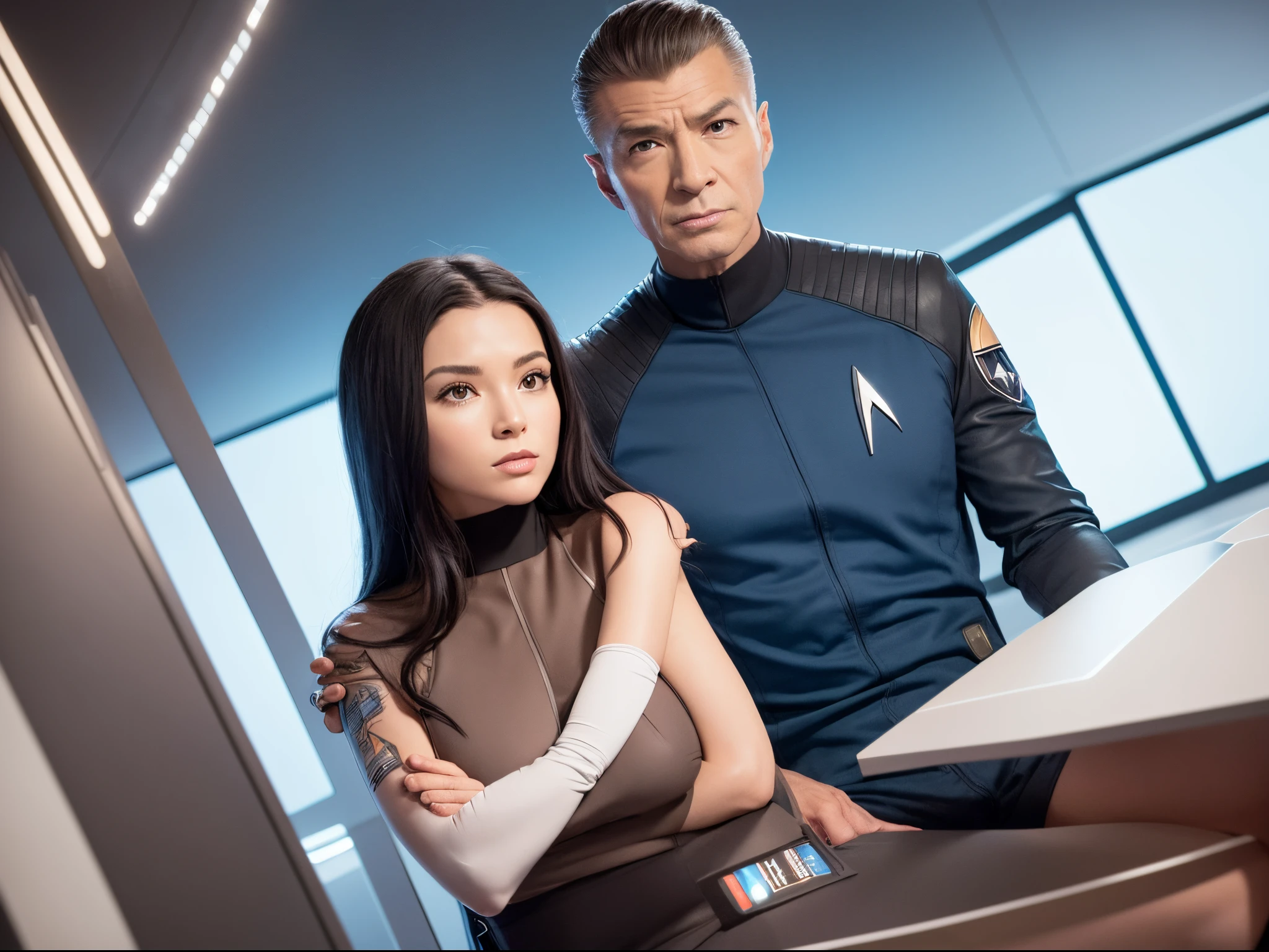 Design a sleek and iconic sticker featuring the "Star Trek: The Original Series" emblem or characters with no background, perfect for use in messaging apps or social media.