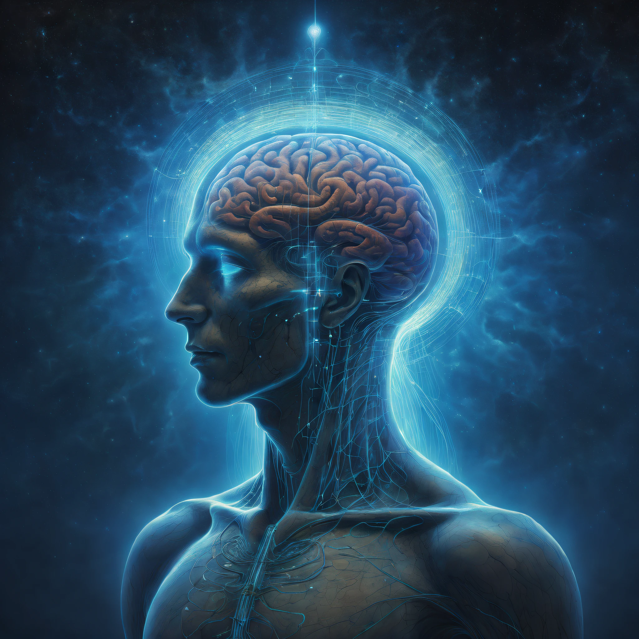 a painting of a silhouette of a human brain or head, with lines that represent paths or connections, symbolizing evolution and growth before a sky full of stars, cosmic entity, Beksisnski, portal to the ethereal realm, astral projection, ascension, portrait of a cosmic entity, astral appearance, emanando com aura azul, Viagem Astral, portal 3, um ser interdimensional, Transcendente, cosmic enlightenment, Wojtek Beksinski MacManus com asas douradas sim, An alien healing lab A quantum vibrational extraterrestrial platform with ethereal sine waves and cybernetic codes stands out, emitting an ethereal glow. The aura of a man inside the platform receiving energy from being an ethereal body of light, apenas a aura daquele humano , Cercado por uma aura de luz vibrante que representa seu campo de energia. Hertz bands dance through the air in complex shapes, while the cybernetic vibratory codes flow like rivers of light around the individual. The chakras are visible as spinning vortices of intense colors, each aligning perfectly with the vibratory frequencies. The holographic platform projects a cinematic hologram of the standing human figure, whose body is composed purely of light and energy. Dust particles float in the environment, vibrating in harmony with the waves of energy that permeate space. Strands of ethereal energy intertwine in the air, connecting to the central figure and radiating to the surrounding environment. A quality rendered astral projection, allowing the individual to explore their own energy field in profoundly transformative ways. Enquanto isso, The platform functions as a cell regeneration room, offering a large genetic healing room where the fusion of extraterrestrial technology and human bioenergy triggers an innovative healing process. As humans connect with technology, State-of-the-art cybernetic implants integrate seamlessly, enriquecendo