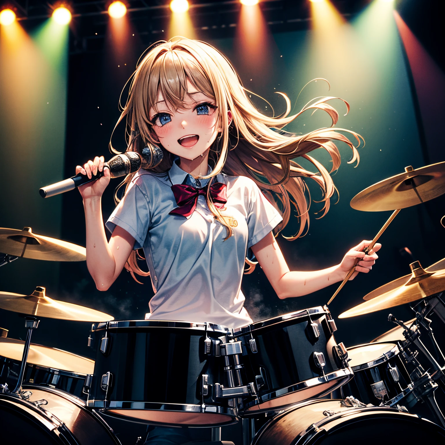 Music、Drum kit、high school girl playing drums、hold a drumstick、long hair fluttering、Sweat splashes、stage、spot light