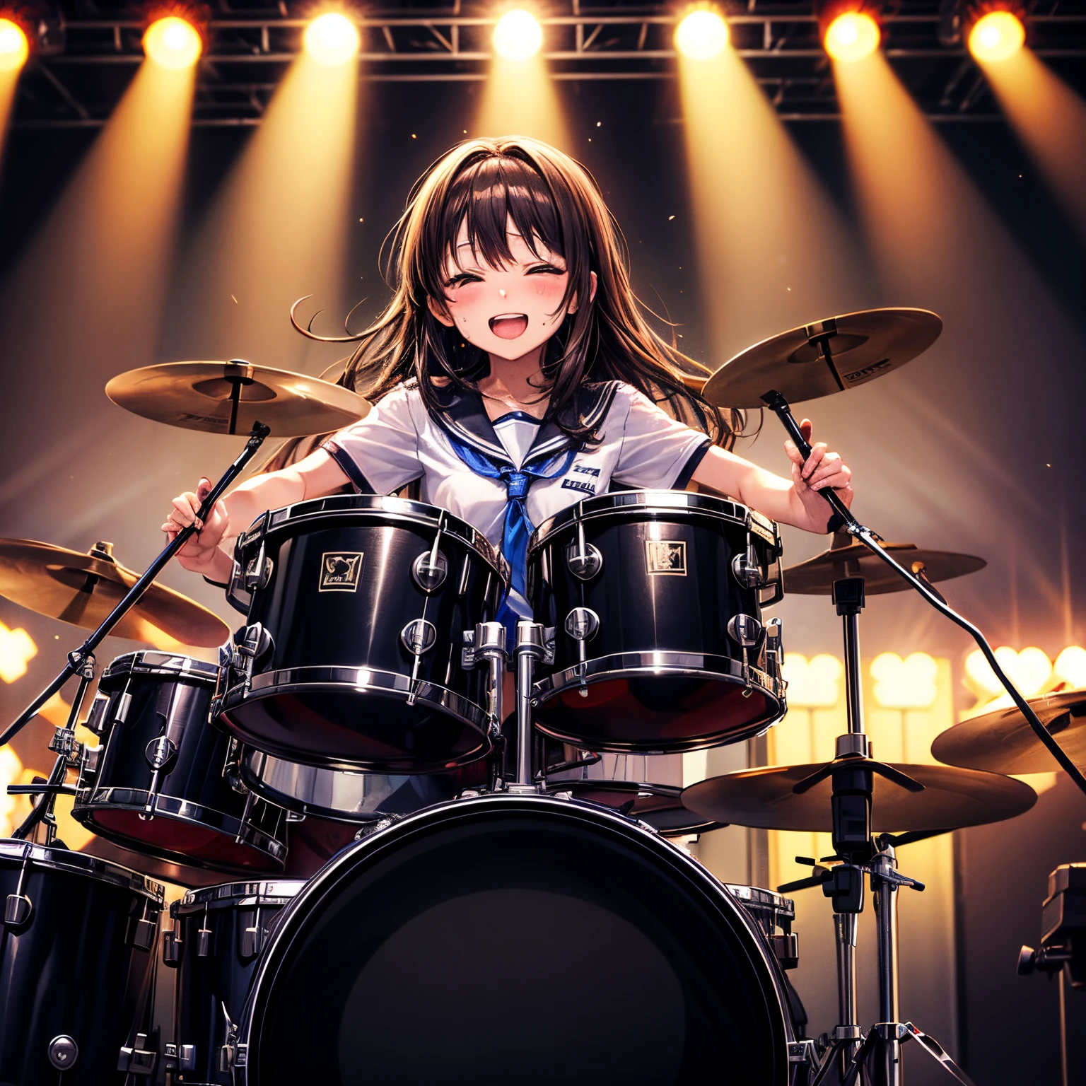 Music、Drum kit、high school girl playing drums、hold a drumstick、long hair fluttering、Sweat splashes、stage、spot light