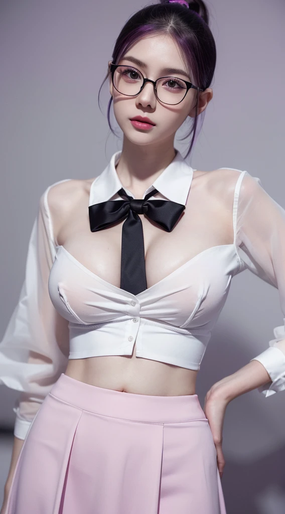 A beautiful woman, wearing ((glasses, black tie, white shirt, skirt)), pale skin, smooth pale skin, skin tune pink, perfect body, detailed body,((round big breast, small titts, big hips)), cute face, purple hair, pigtail hair, super detailed, 8k