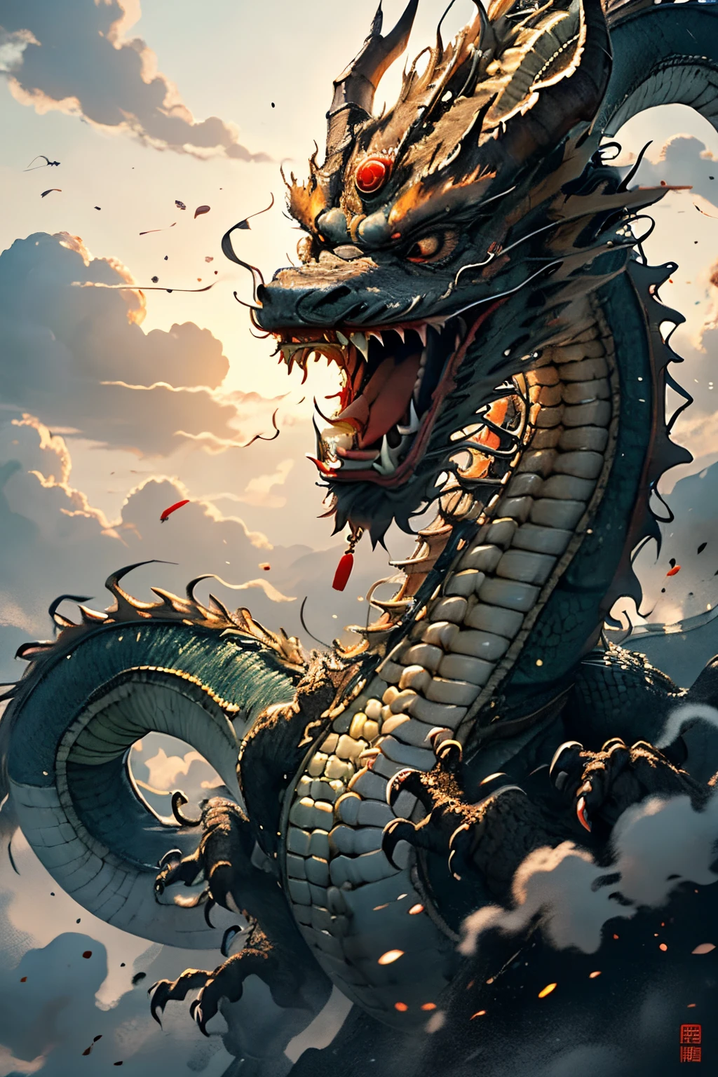 masterpiece, 
best quality, ultra-detailed, photorealistic, extremely delicate, 
(Chinese Dragon:1.2), long body, flying, 
roaring, breathing flames, 
dynamic angle, intense angle, cinematic lighting,