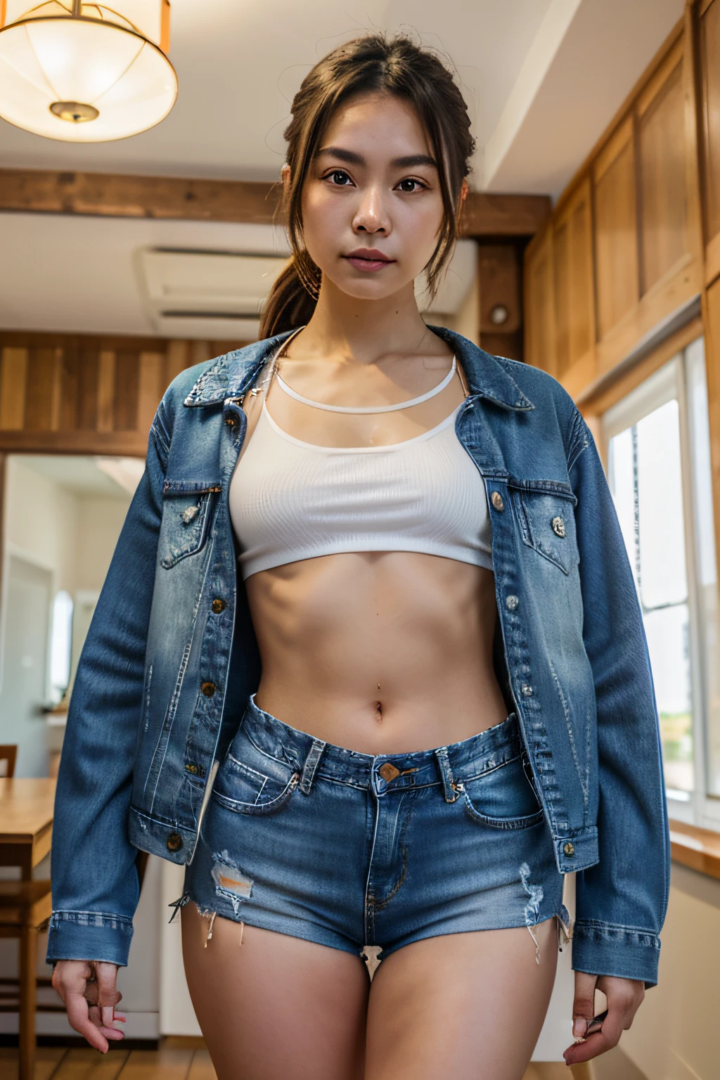 Petite asian girl of 20 years, Eileen Jengdairak, skinny, small chest, small breast, thin legs, thigh gaps: 1.5, very slim waist, beautiful small hips and flat tummy, beautiful abs, muscular thin body, long black hair, Ponytail , dark brown eyes, dark skin (very tight torn shorts, nice white blouse, torn blue denim jacket), posing for picture, both hands are lifted behind the neck, masterpiece, highest quality, raw photo, picture taken from below, photorealistic, face light, film grain, chromatic aberration, absurdity, high resolution, ultra detail, detail, detailed eyes and face, sharp pupils, realistic pupils, sharp focus, indoors