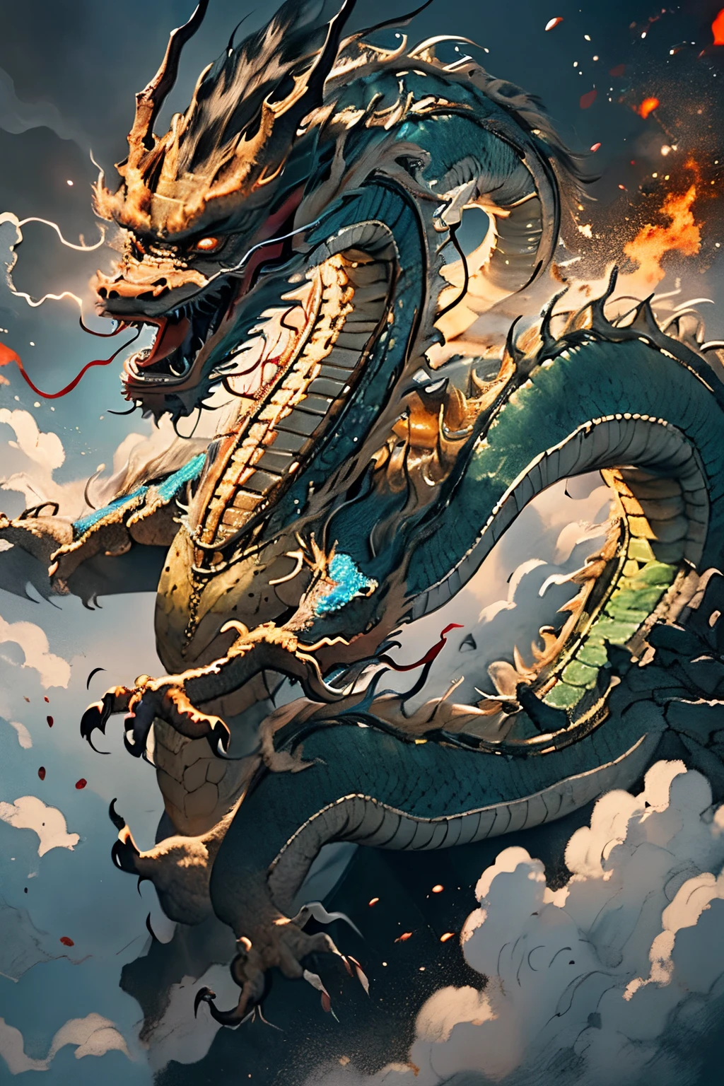 masterpiece, 
best quality, ultra-detailed, photorealistic, extremely delicate, 
(Chinese Dragon:1.2), long body, flying, 
roaring, breathing flames, 
dynamic angle, intense angle, cinematic lighting,