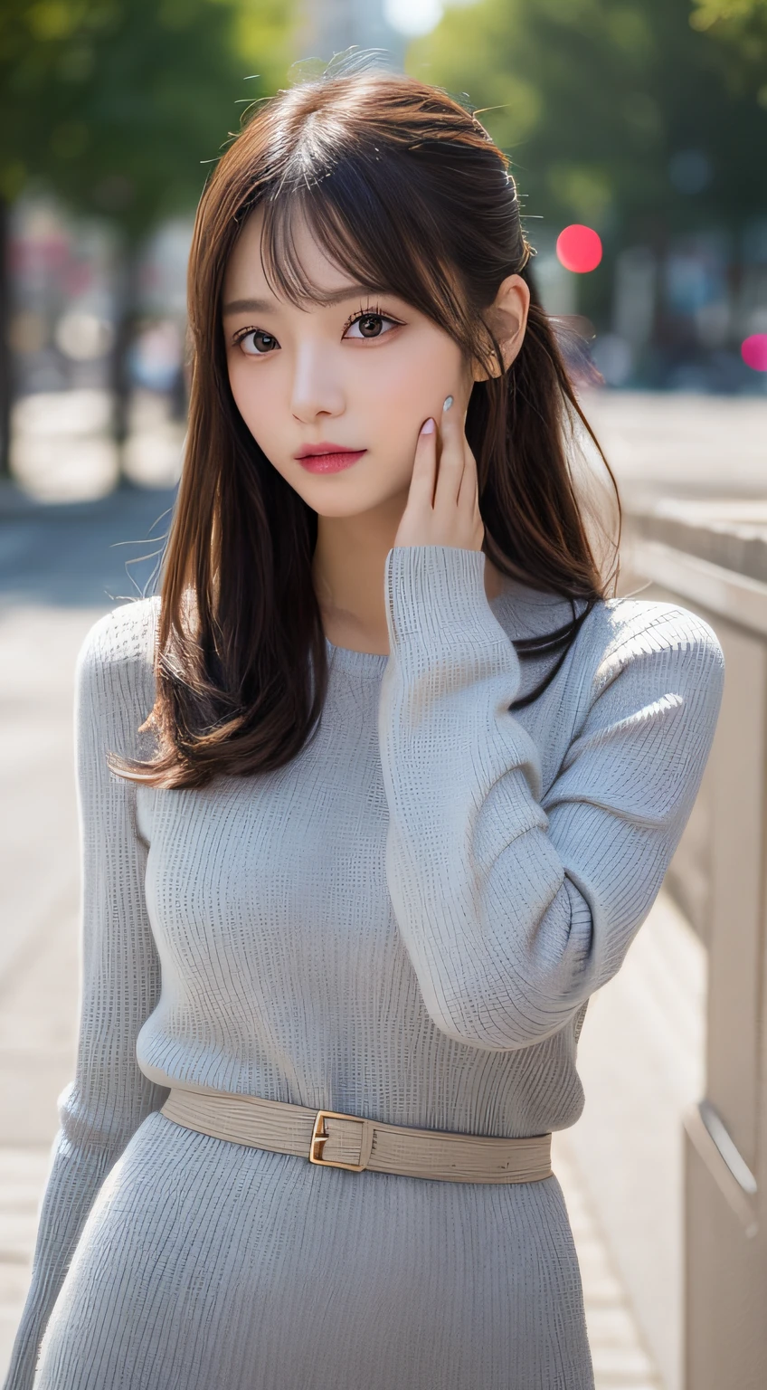 finely detail, hight resolution, hightquality、Perfect dynamic composition, Beautiful detailed eyes, Medium Hair, small tits、Natural Color Lip,Kamimehibuya、20 years girl、1 persons、Transparent skin、Glowing hair、masutepiece, Best Quality, Illustration, Ultra-detailed, finely detail, hight resolution, 8K、The correct state of the human body、Randomly cute poses,Ponytail hair,beauty legs,Perfect beautiful face,KPOP Idol Face,Face that feels ecstasy,Pale light grey knitted dress,Background blur,Randomly dress up as a model for a women's fashion magazine