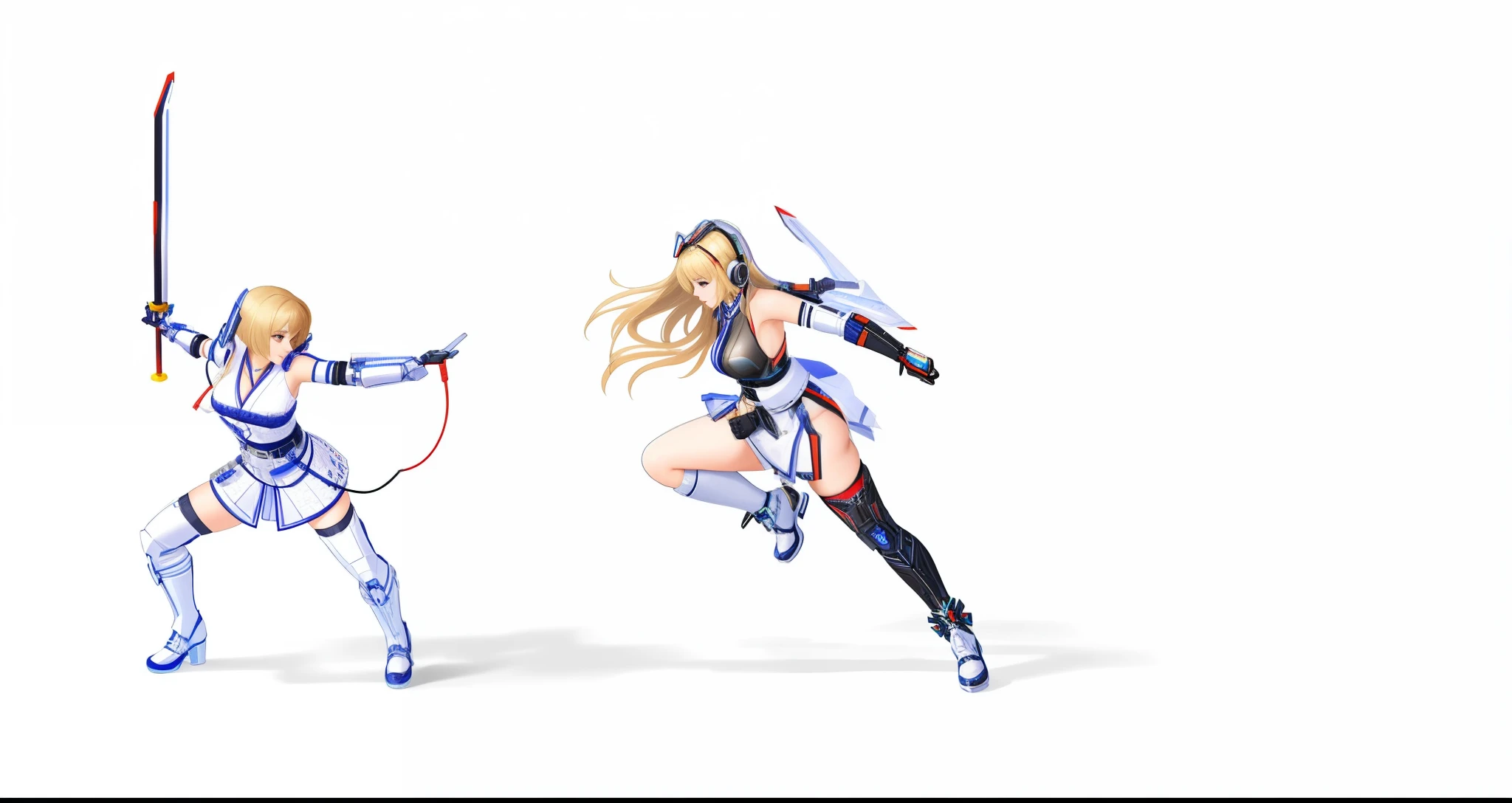 beautiful women wearing cybernetic kimono armor fighting