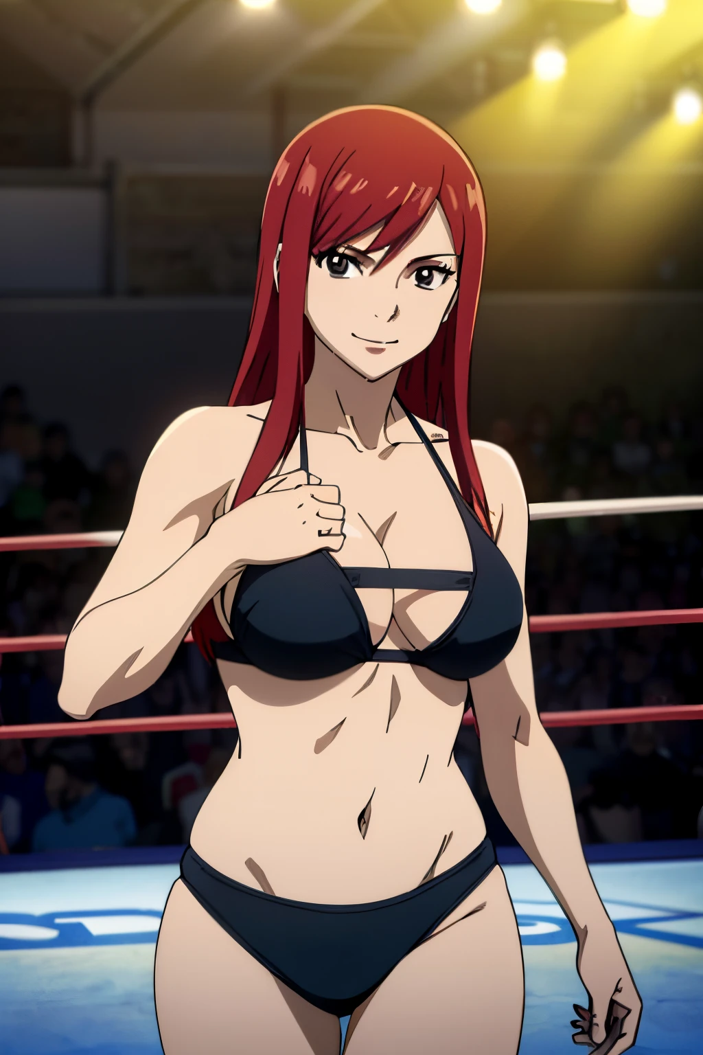 ((black bikini only)), (((wrestling arena))), spotlights, upper body view, please prioritize (best quality, 4k, 8k, highres, masterpiece:1.2), ultra-detailed, and (realistic, photorealistic, photo-realistic:1.37) rendering. (()), ((black bikini only)), big breasts, groin, ultra detailed face, perfect anatomy, 8k, standing, perfect body proportions, highest quality, 1girl, solo, (()), (very little biceps) , happy, smile, ERZASCARLET, big breasts, cleavage, off-shoulder, tall girl, (shiny hair), detailed red hair, closed mouth, very big eyes, long belly, wide shoulders, For the image quality, To enhance the visuals, add HDR, UHD, studio lighting, ultra-fine painting, sharp focus, physically based rendering, extreme detail description, professional, vivid colors