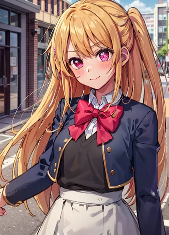 Hoshinolby, 1girl in, Solo, medium breasts, Skirt, Blonde hair, Black vest, Brown Footwear, Bow, School uniform, Long hair, shoes, Jacket, White socks, bowtie, lowfers, blush, knee high, pink bows, grey skirt, Blue jacket, Open jacket, Pink eyes, Shirt, One side up, White skirt, White shirt, Long sleeves, star-shaped pupiloutdoor, Sunny, Daytime, city, Standing building, Upper body，black pantyhose king，