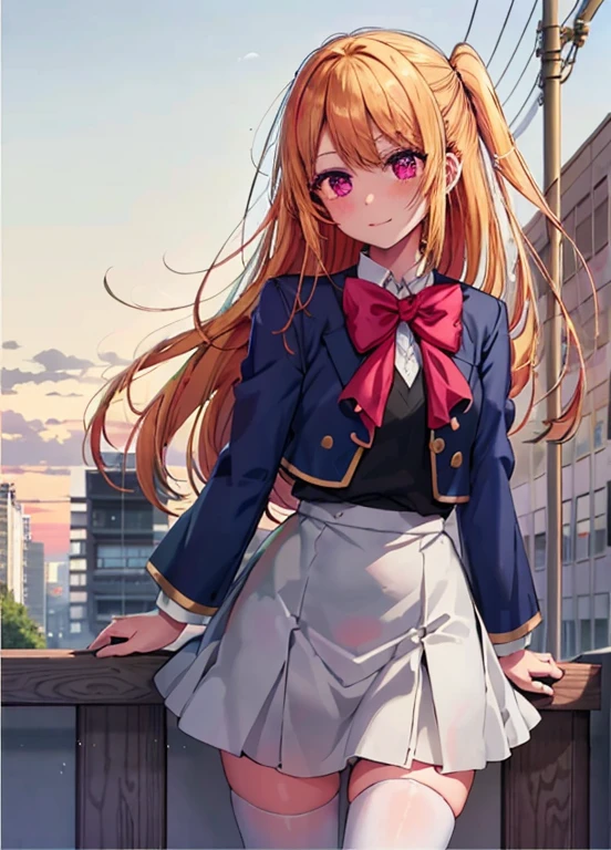 Hoshinolby, 1girl in, Solo, medium breasts, Skirt, Blonde hair, Black vest, Brown Footwear, Bow, School uniform, Long hair, shoes, Jacket, White socks, bowtie, lowfers, blush, knee high, pink bows, grey skirt, Blue jacket, Open jacket, Pink eyes, Shirt, One side up, White skirt, White shirt, Long sleeves, star-shaped pupiloutdoor, Sunny, Daytime, city, Standing building, Upper body，black pantyhose king，