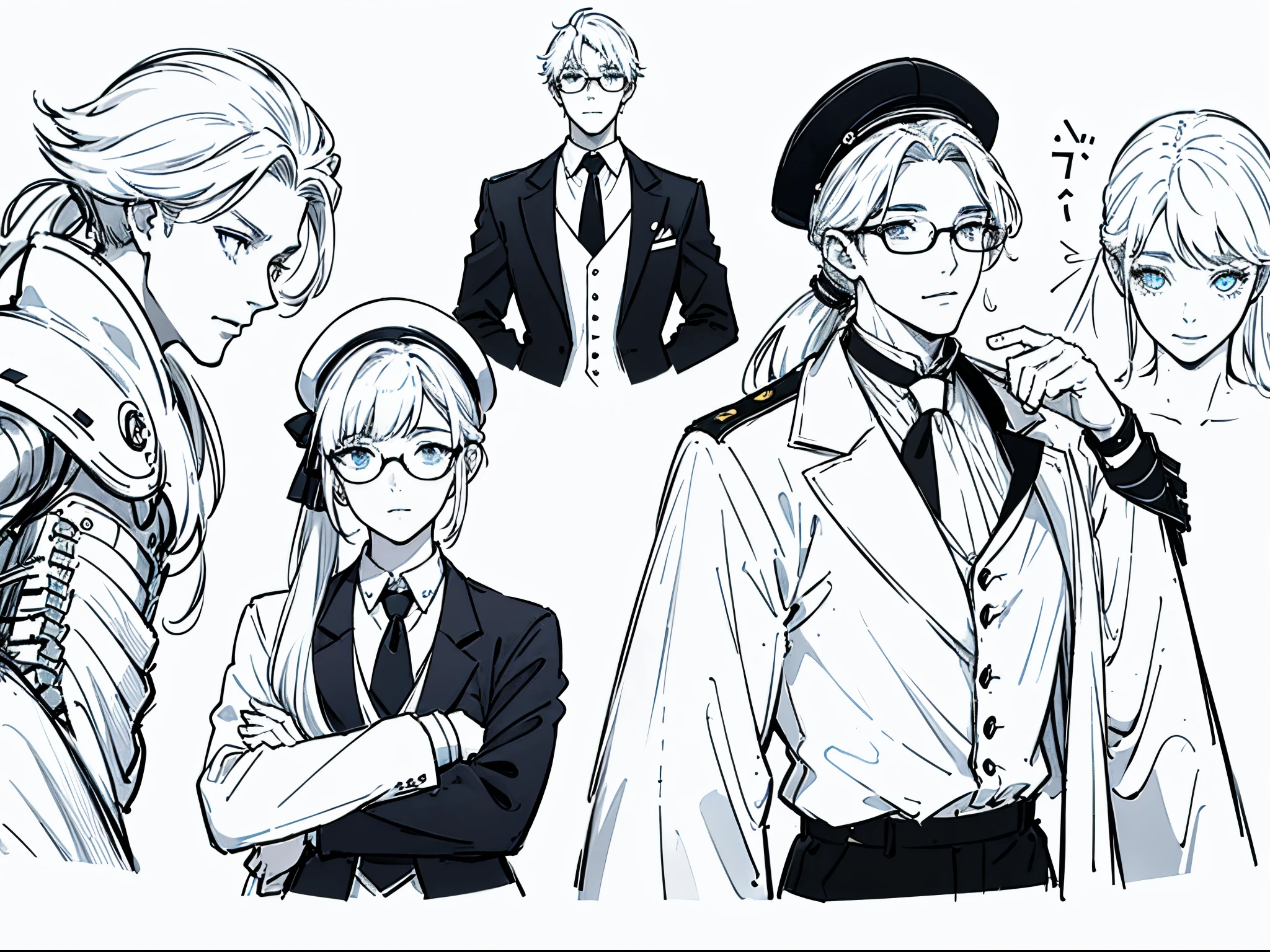 male in his 20s、white hair、poneyTail、He wears round glasses with no rims、The face is human、The body is made of machines、Cyborg Arm、Hats、wearing a tailcoat、neck tie、concept-art、Character concept art、Character Sketch、Reference Sheet、parts、a smile、Facial expression difference(emotions)、simple background