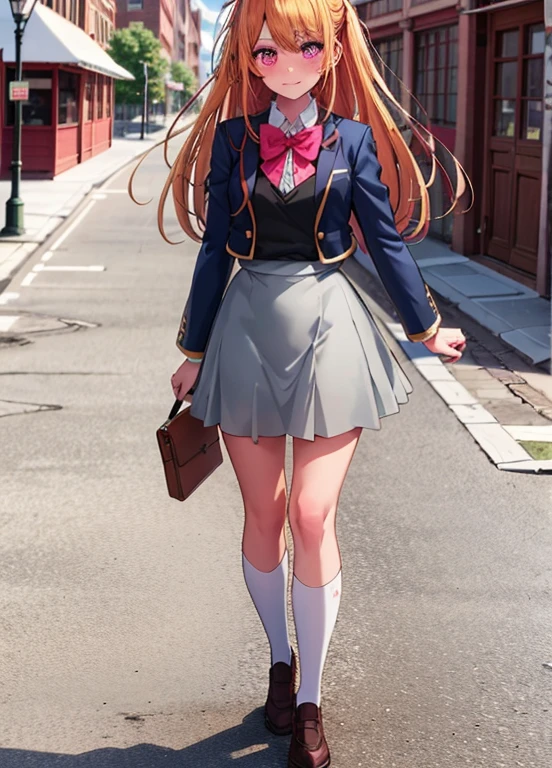 Hoshinolby, 1girl in, Solo, medium breasts, Skirt, Blonde hair, Black vest, Brown Footwear, Bow, School uniform, Long hair, shoes, Jacket, White socks, bowtie, lowfers, blush, knee high, pink bows, grey skirt, Blue jacket, Open jacket, Pink eyes, Shirt, One side up, White skirt, White shirt, Long sleeves, star-shapedpupiloutdoor, Sunny, Daytime, city, Standing Building, Upper body，Black Pantyhose King，