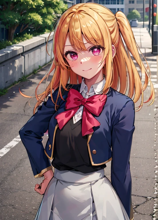 Hoshinolby, 1girl in, Solo, medium breasts, Skirt, Blonde hair, Black vest, Brown Footwear, Bow, School uniform, Long hair, shoes, Jacket, White socks, bowtie, lowfers, blush, knee high, pink bows, grey skirt, Blue jacket, Open jacket, Pink eyes, Shirt, One side up, White skirt, White shirt, Long sleeves, star-shapedpupiloutdoor, Sunny, Daytime, city, Standing Building, Upper body，Black Pantyhose King，