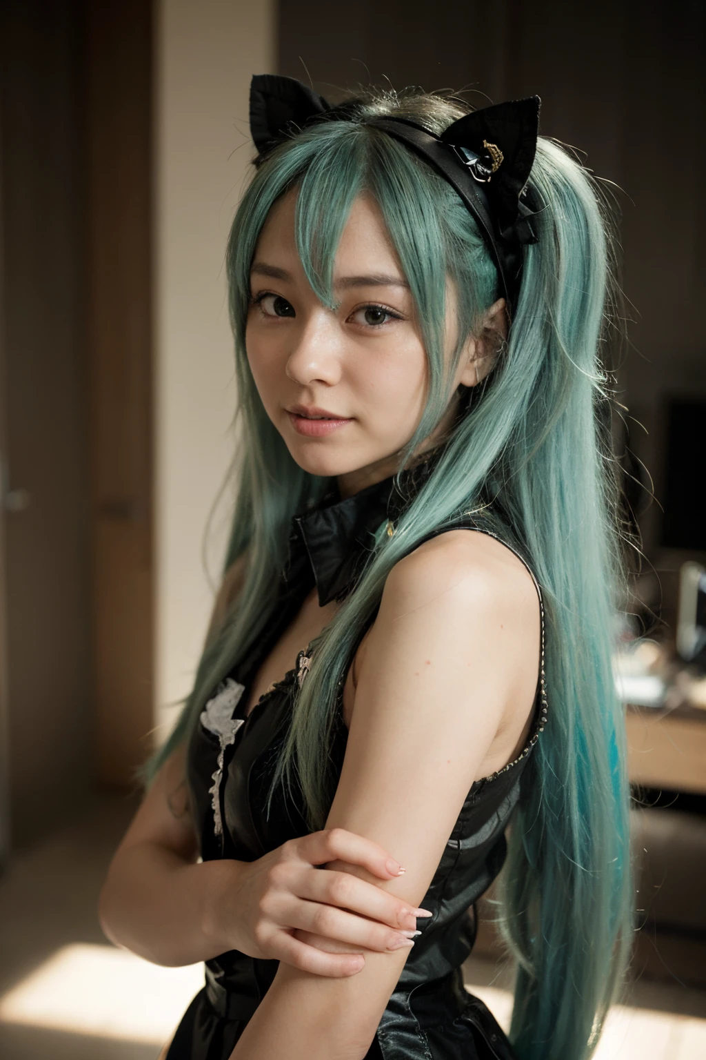A Japanese idol named Hatsune Miku, who has long green hair, is part of the Vocaloid, with the Chibi style.