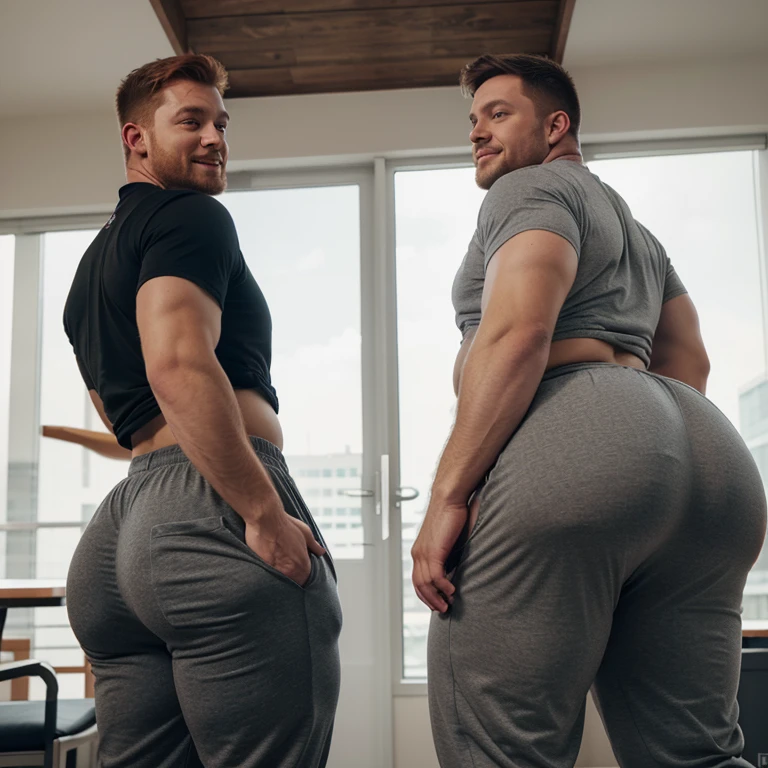 Two Males, rubbing their fat butts together, redhead, shirtless, fat ass, grey sweatpants, tight pants, muscular ass, huge butt, comically large butt, big butt, fat man booty, man, short hair, looking back at camera, smiling, big fat booty, rubbing ass, bubble butt, big man butt, male bubble butt, fat man ass, round butt, big butt, full butt, juicy butt, wide butt, fat butt cheeks, big buttcheeks, muscular legs, filled grey sweatpants, ginger hair, thick ass, thicc, thick butt, man with fat ass, male, man, athletic man, jock, jock with big butt, jockstrap, big bulge, rubbing butts