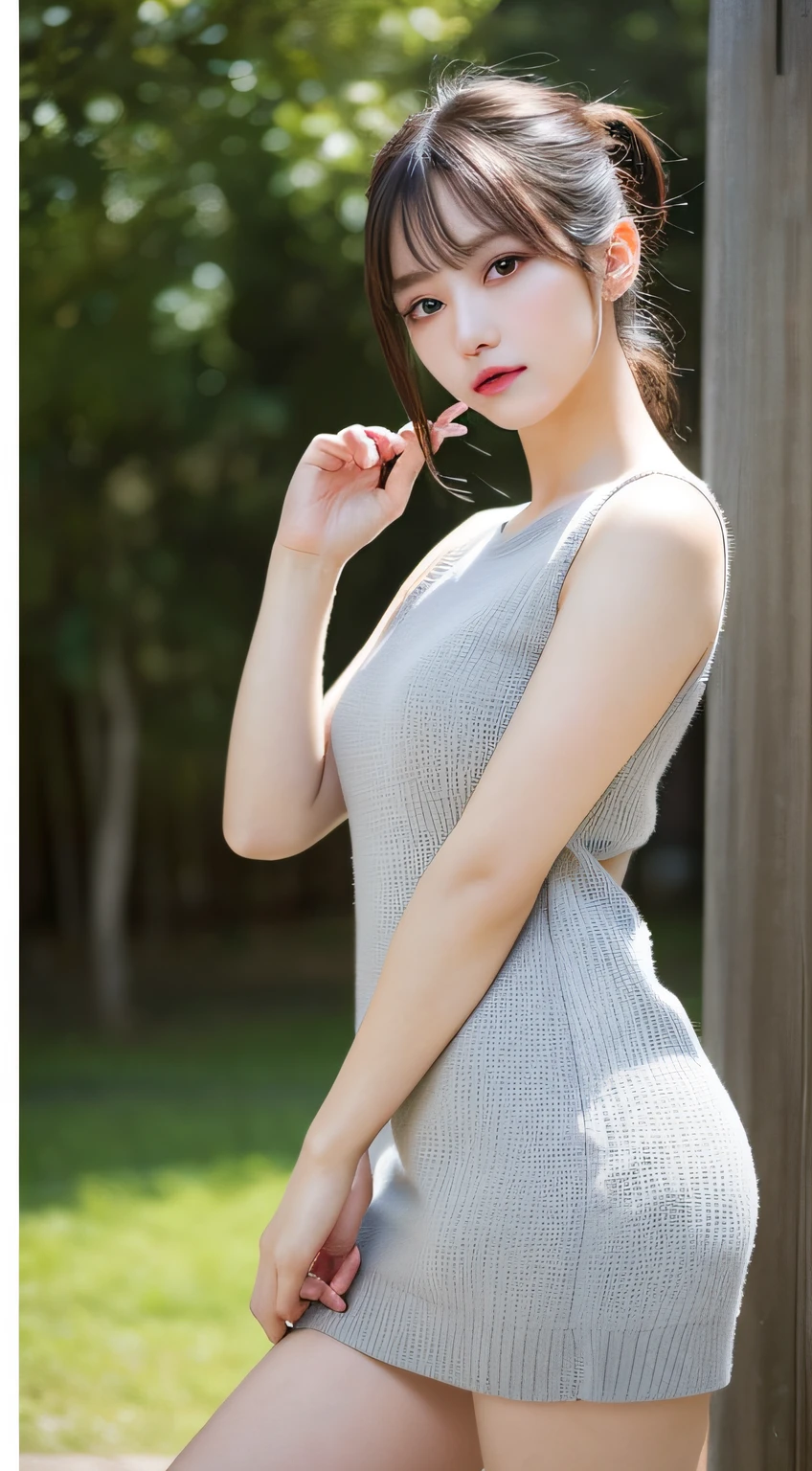 finely detail, hight resolution, hightquality、Perfect dynamic composition, Beautiful detailed eyes, Medium Hair, small tits、Natural Color Lip,Kamimehibuya、20 years girl、1 persons、Transparent skin、Glowing hair、masutepiece, Best Quality, Illustration, Ultra-detailed, finely detail, hight resolution, 8K、The correct state of the human body、Randomly cute poses,Ponytail hair,beauty legs,Perfect beautiful face,KPOP Idol Face,Face that feels ???????,Pale light grey knitted dress,Background blur,Randomly dress up as a model for a women's fashion magazine