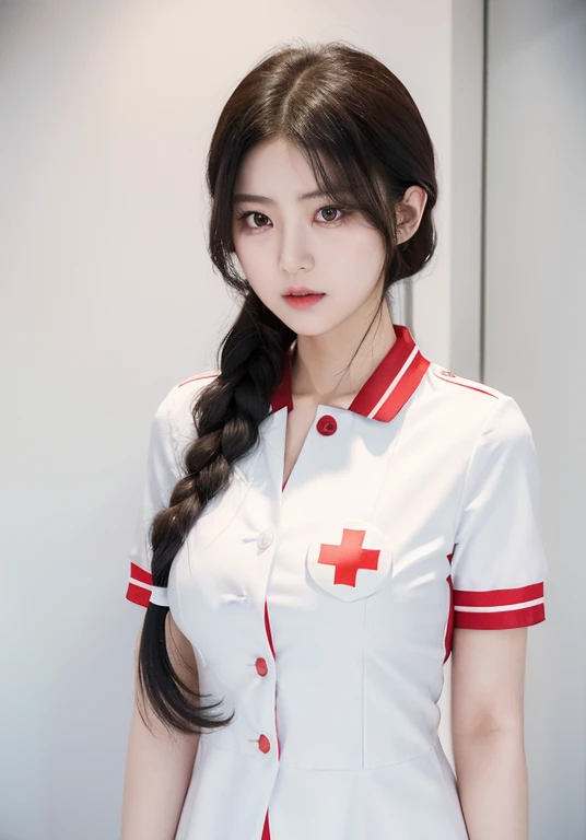 (8K, Raw photography, top-quality, masterpiece: 1.2), masterpiece, Super Detail, 超A high resolution, (Realistic and realistic photos: 1.37), high-definition RAW color photography, extremely delicate and beautiful, ighly detailed, 8K Wallpaper, astonishing, detaileds, extremely detailed eye, highlydetailed skin, extremely detailed fingers, highly detailed nose, highly detail mouth, perfect anatomia,1girl in, Blurry, Blurry background, Blurred foreground, blush, braid, Colossal tits, depth of fields, eyebrows visible through hair, hair between eye,Short hair, Sitting, Solo, Huge boobs、乃木坂アイドル、韓国アイドル、hposing Gravure Idol、女優、25-years old、tall,韓国アイドル、乃木坂アイドル、女優、hposing Gravure Idol、(((nurse's uniform:1.3)))、Nurse in uniform、Black thigh stockings、Boob emphasis、Open cleavage,((huge-breasted:1.4))