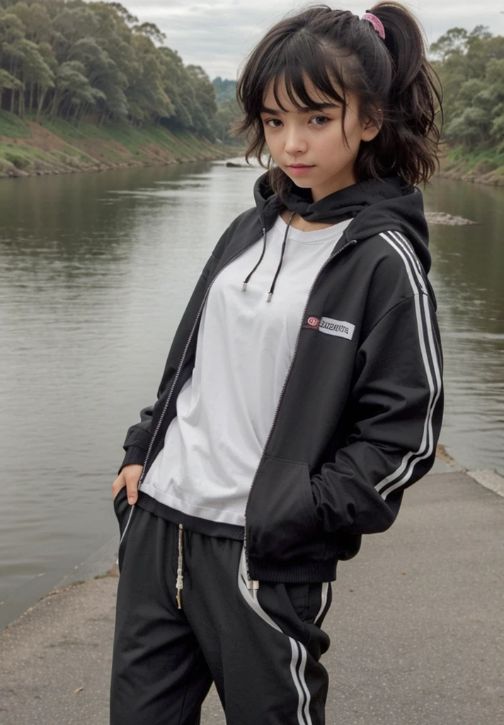 -yeld gistop on a bridge with a river in the background, Ropa de senderismo, negro, photograph of a techwear woman, Ropa negra casual, con una sudadera con capucha negra, inspirado por Ion Andreescu, Ropa negra, Ropa deportiva, Ropa negra, wearing a track suit, Ropa vestida de negro, Imagen de perfil, con una sudadera con capucha negra