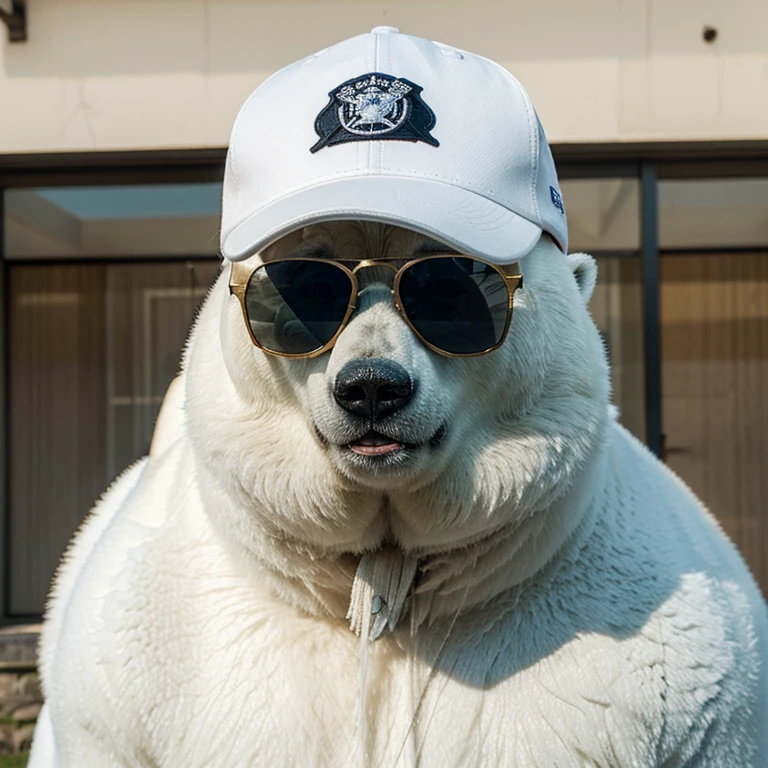 a polar bear wearing a cap, wearing sunglasses, com cigarro na boca segurando uma cerveja