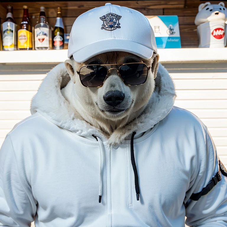 a polar bear wearing a cap, wearing sunglasses, com cigarro na boca segurando uma cerveja