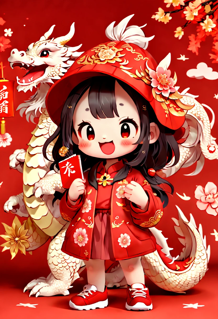 cute doodle, (((Vector illustration style)))，(((1 cute Chinese dragon, standing)))，(Wearing traditional red hat，Wearing Chinese red clothes，The clothes are painted with golden dragons、Phoenix and other patterns，Highlighting the theme of 2024 as the Year of the Dragon in the Chinese Lunar Calendar)。（The eyes are big，Two small dimples are revealed when blinking，Smile and open your mouth to show your neat teeth，Hand holding red envelope，Big red envelope，The action of sending blessings or receiving lucky money）。（Thick bouncy black curly hair，Wearing a small red flower on the head）。（Red hat with gold trim and embroidery，The clothes have detailed designs such as buttons and embroidery), (((The stands up，Chinese Xiangyun cloth shoes: 1.6, red LED light effect))), (Full body shot: 1.5), ((Chinese element background，Auspicious cloud background)), (pov, first-person view, Ghibli-like colours, Luminism, cinematic lighting, UHD, masterpiece, ccurate, anatomically correct, textured skin, super detail, high details, high quality, award winning, best quality, 4k), bailing_eastern dragon