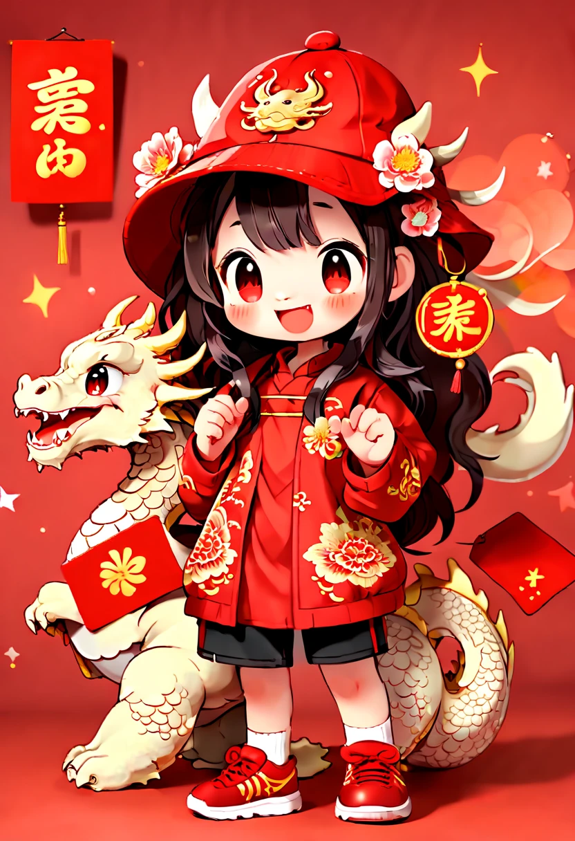 cute doodle, (((Vector illustration style))),(((1 cute Chinese dragon, standing))),(Wearing traditional red hat,Wearing Chinese red clothes,The clothes are painted with golden dragons、Phoenix and other patterns,Highlighting the theme of 2024 as the Year of the Dragon in the Chinese Lunar Calendar)。(The eyes are big,Two small dimples are revealed when blinking,Smile and open your mouth to show your neat teeth,Hand holding red envelope,Big red envelope,The action of sending blessings or receiving lucky money)。(Thick bouncy black curly hair,Wearing a small red flower on the head)。(Red hat with gold trim and embroidery,The clothes have detailed designs such as buttons and embroidery), (((The stands up,Chinese Xiangyun cloth shoes: 1.6, red LED light effect))), (Full body shot: 1.5), ((Chinese element background,Auspicious cloud background)), (pov, first-person view, Ghibli-like colours, Luminism, cinematic lighting, UHD, masterpiece, ccurate, anatomically correct, textured skin, super detail, high details, high quality, award winning, best quality, 4k), bailing_eastern dragon