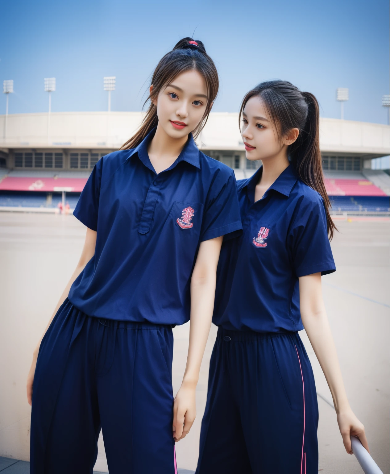 (bestquality,10,10,highres,masterpiece:1.2),ultra-detail,(Realistic,photorealistic portrait,photo-realistic:1.37),1 Cute girl in the football field,oily shiny skin,bara,light smile,BDclothelue shirt:1.3)),short sleeves,shirt, trousers.,(navy_long_Pants Track:1.1), ((Stadium Background:1.3)),dynamic angle,excited,face focus,Dynamic Poses,from behide,Ass Focus,masterpiece, bestquality, ultra realistic, hyper-detail, 8k resolution, RAW photo, crisp focus, ((Navy blue shirt:1.1)), short sleeves, Long Path, Perfect body, 2 mature women, 18yo, cinematic light,Blue sweatpants,Gymware,Correct anatomy,Complete body, Correct body, sharp face, Anatomically correct body, full entire body, Realistic gestures, long-haired, Realistic poses,Wear long shorts...............................,Long leg span,Shapely,Sculpting Girl, Slender Figure, mannequin mannequins, Shapely, Beautiful body,Blue sweatpants, Two girls kissing