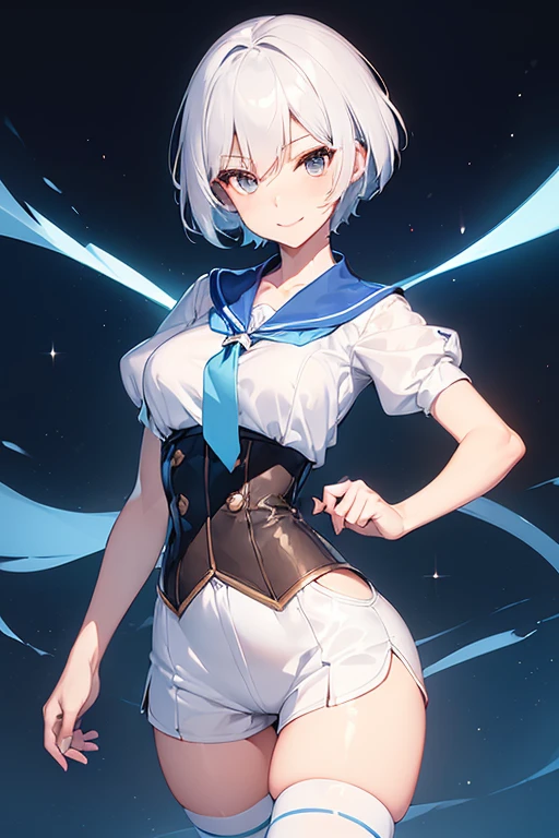 "(perfect masterpiece:1.2), (highest quality:1.2), stunning face,  mature and chubby, Big eyes, compensate, long and luxurious eyelashes, lip whole, irresistible charisma.",belly button,(((boy))),(((very short hair))),abs,raised his arms,((((sailor suit)))),NSFW,(((muscle)))，gray hair，(((mini skirt)))，pixie cut,fang,(((smile)))