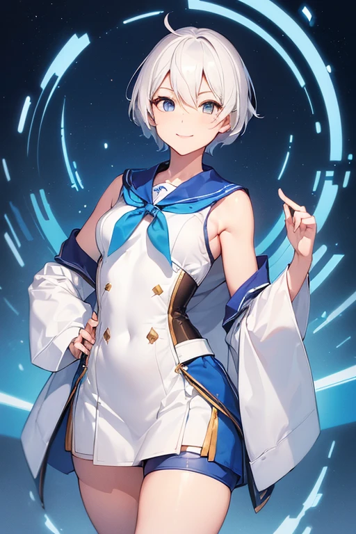 ((Woman of about thirty years)),smile like a boy,,tall(((Fantasia))),(((very feminine body shape))),(highleg)。white short sailor suit,White shorts,blue tie,blue lines on clothes,corsets,(((Light blue short hair)))。the sleeves are very wide,knee high socks。(((front facing)))。Priest,