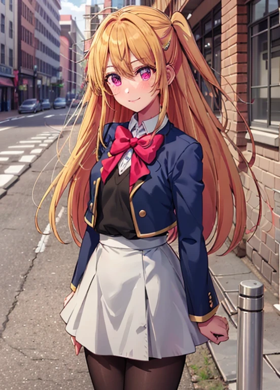 Hoshinolby, 1girl in, Solo, medium breasts, Skirt, Blonde hair, Black vest, Brown Footwear, Bow, School uniform, Long hair, shoes, Jacket， bowtie, lowfers, blush, knee high, pink bows, grey skirt, Blue jacket, Open jacket, Pink eyes, Shirt, One side up, White skirt, White shirt, Long sleeves, star-shapedpupiloutdoor, Sunny, Daytime, city, Standing Building, Upper body，Black tights