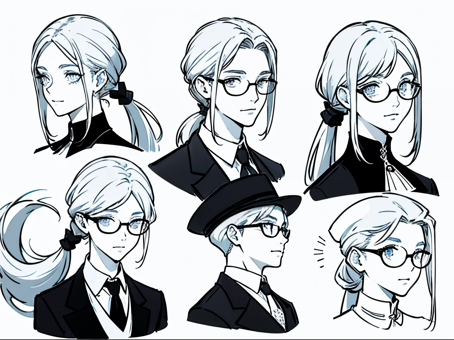 male in his 20s、white hair、poneyTail、He wears round glasses with no rims、The face is human、The body is made of machines、Cyborg Arm、Hats、wearing a tailcoat、neck tie、concept-art、Character concept art、Character Sketch、Reference Sheet、Parts explanation、a smile、Facial expression difference(emotions)、Multiple facial expressions、simple background