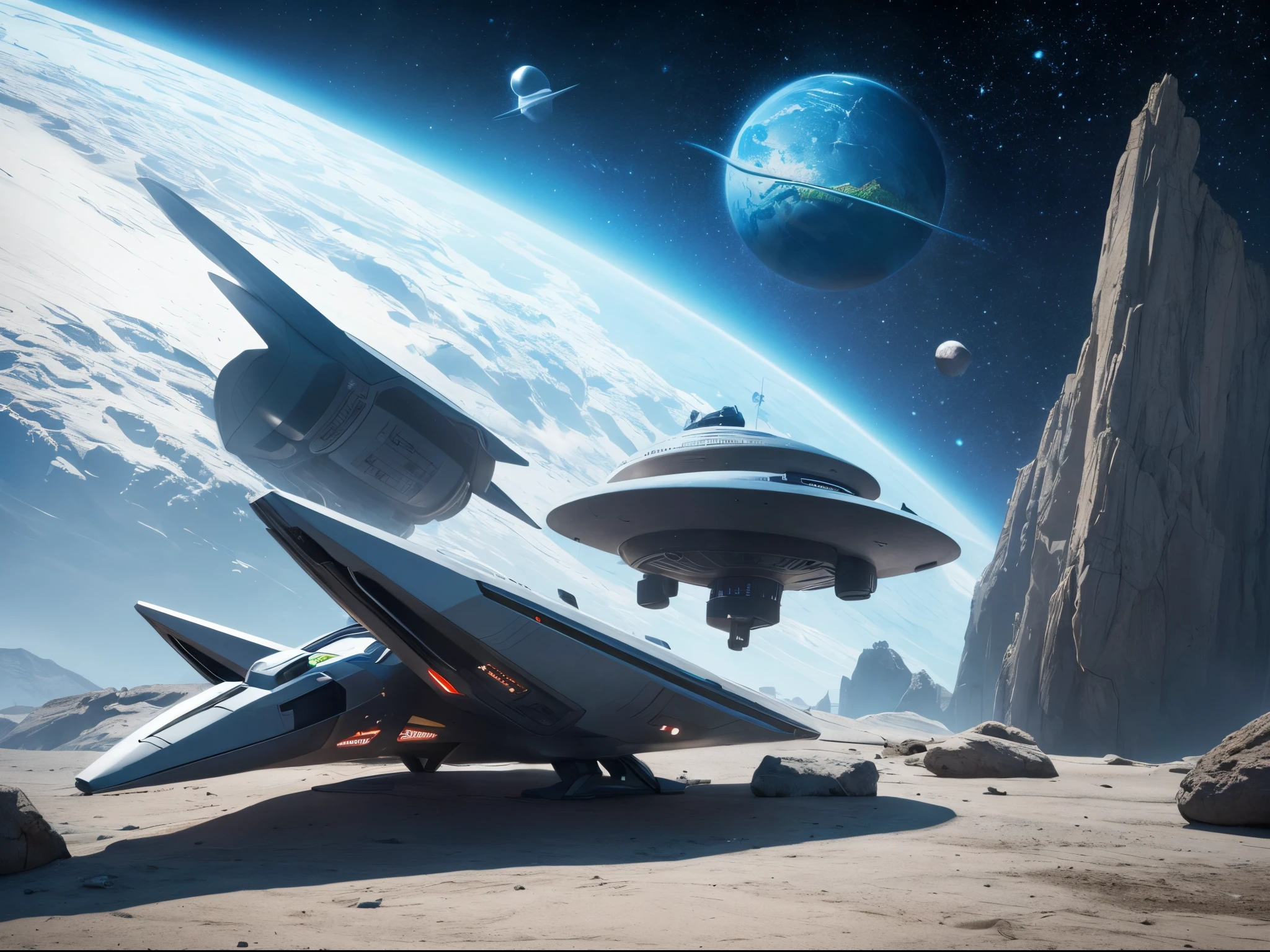 Envision the iconic "Star Trek: The Original Series" characters exploring distant planets in a sleek and futuristic spaceship. Draw inspiration from the sci-fi art of Chris Foss or Ralph McQuarrie.