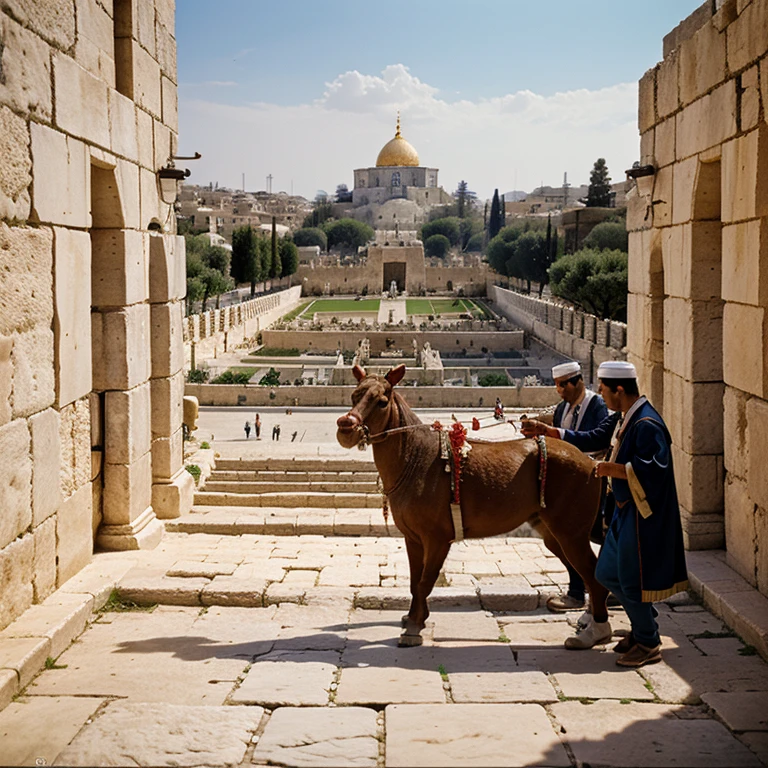 Jewish worshippers bringing animal sacrifices to the temple in Jerusalem during passover, exterior, many worshippers, landscape, vibrant, canon EOS R3