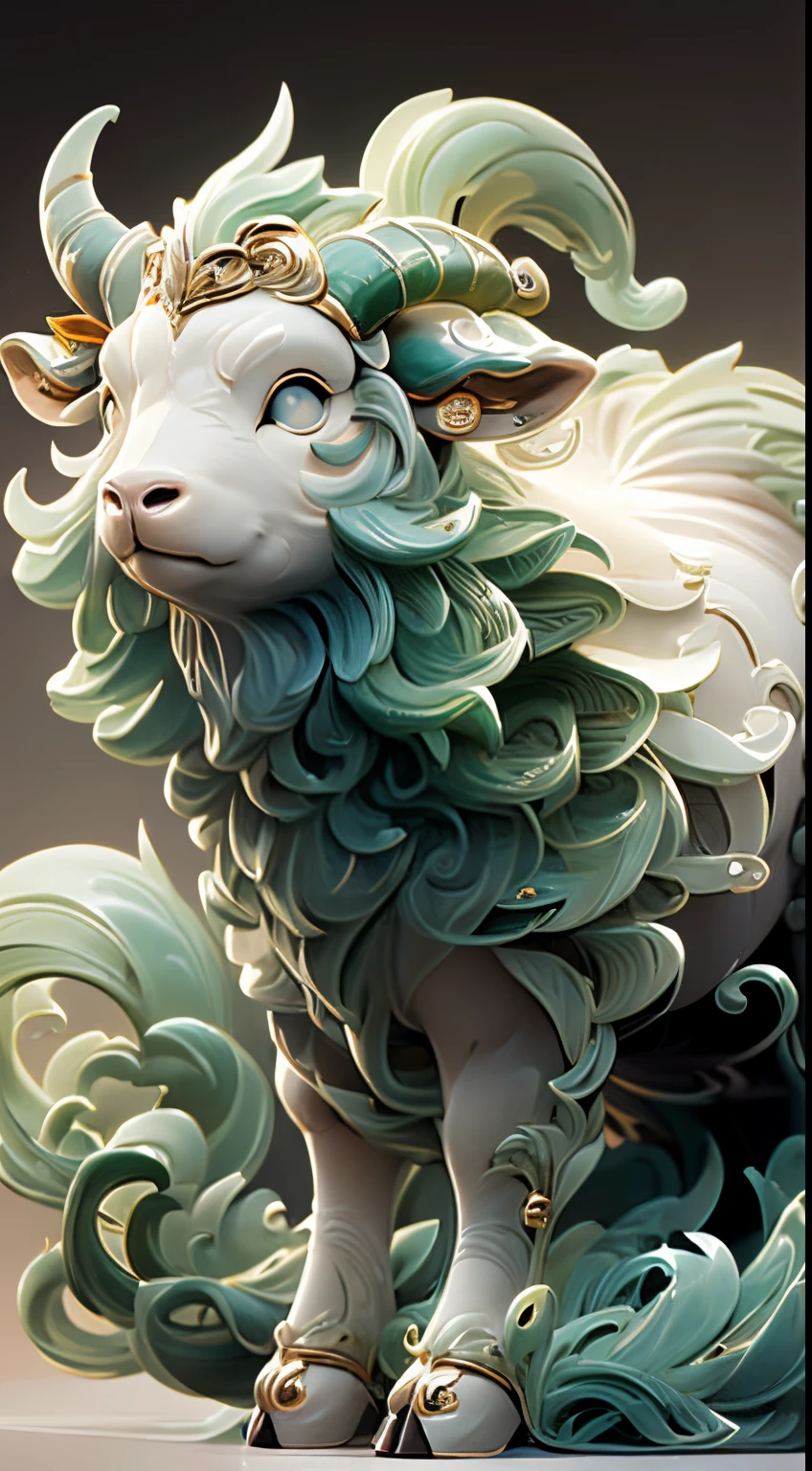 The shape of a sheep，the background  clean，dream colors，Transparent statue，flower eyes，green color，serious expressions，((Cow and sheep horns))，Clear  eyes，tmasterpiece，（Best quality：1.3），a cow or sheep