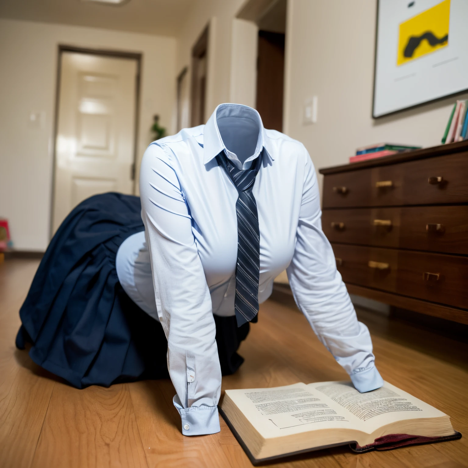 chubby, fat, white shirt, blue stripe tie, school tie, school uniform, reading books on bed, (cute pose), (invisible, no humans, headless, faceless:1.5), (cute big breasts), (close-up shot of breasts), (8k, RAW photo, best quality, masterpiece:1.2), (realistic, photo-realistic:1.37), photon mapping, radiosity, ((Hasselblad photography)), physically-based rendering
