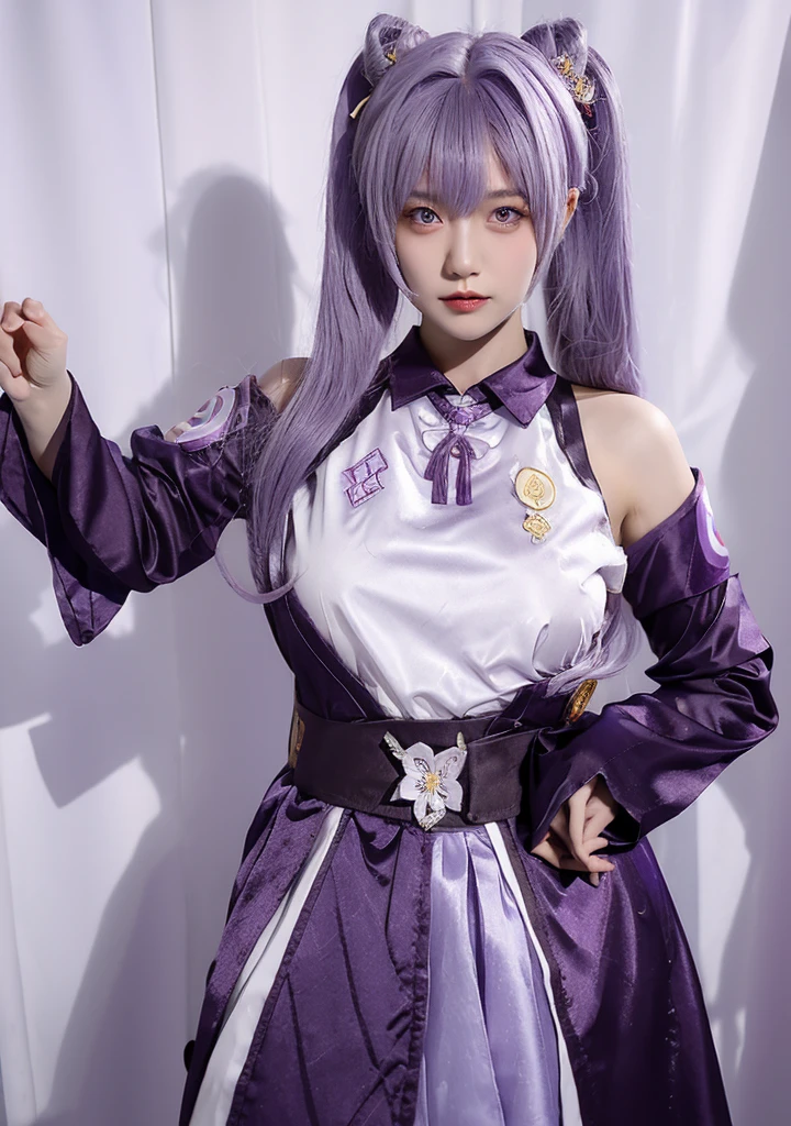 Keqing Genshin, purple hair, purple eyes, a nurse in a white uniform with a red cross on her chest, gapmoe yandere, yandere. tall, inspired by Un'ichi Hiratsuka, hints of yayoi kasuma, akane owari danganronpa, female protagonist 👀 :8, gapmoe yandere grimdark, inspired by Rei Kamoi
