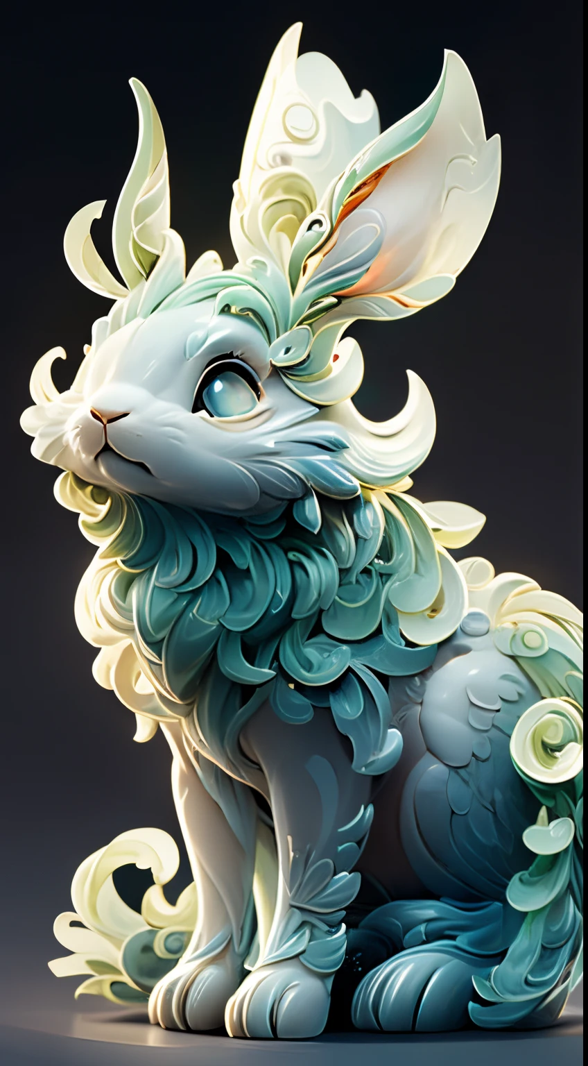 rabbit shape，the background  clean，dream color，Transparent statue，flower eyes，green color，serious expressions，(Rabbit ears))，Clear  eyes，tmasterpiece，（Best quality at best：1.3），a rabbit