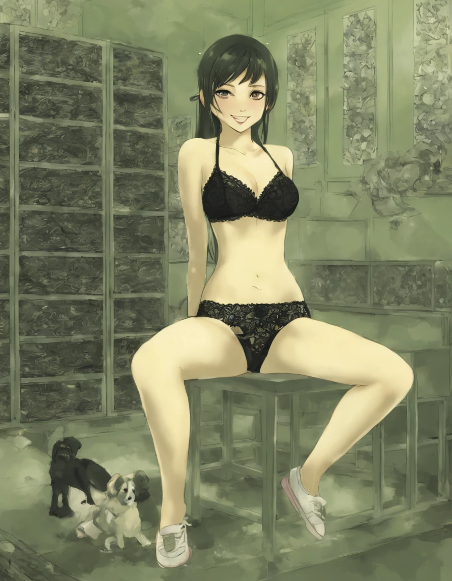 1girl, solo, black hair, green eyes, fringe, sexy smile, in tech room, sitting on ground puppies on floor underwear only, black lace-trimed bra, black lace-trimed panties, sit on seat spread legs, sneakers