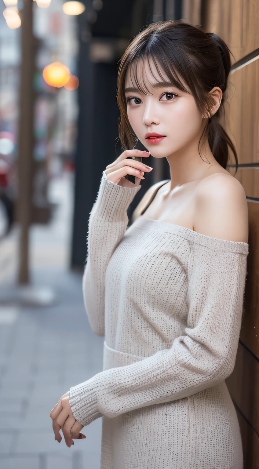 finely detail, hight resolution, hightquality、Perfect dynamic composition, Beautiful detailed eyes, Medium Hair, small tits、Natural Color Lip,Kamimehibuya、20 years girl、1 persons、Transparent skin、Glowing hair、masutepiece, Best Quality, Illustration, Ultra-detailed, finely detail, hight resolution, 8K、The correct state of the human body、Randomly cute poses,Ponytail hair,beauty legs,Perfect beautiful face,KPOP Idol Face,Face that feels ecstasy,Pale light grey knitted dress,Background blur,Randomly dress up as a model for a women's fashion magazine